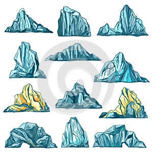 Sketch icebergs, mountain rocks and icy mounts