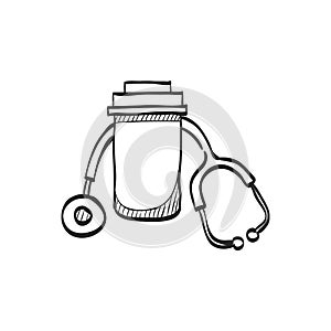 Sketch icon - Pills bottle stethoscope