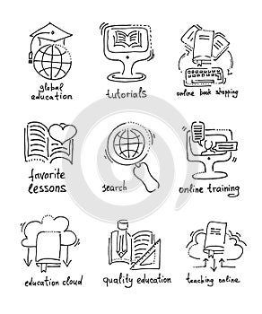 Sketch icons distance education and online learning concept