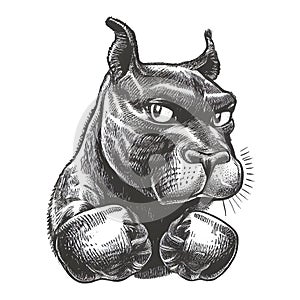 Sketch illustration of a black dog with boxing gloves, standing confidently, on a white background