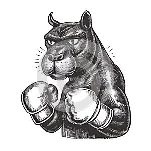 Sketch illustration of a dog with boxing gloves, standing confidently, on a white background