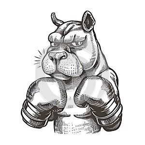 Sketch illustration of a dog with boxing gloves, standing confidently, on a white background