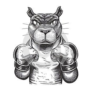 Sketch illustration of a dog with boxing gloves,standing confidently,on a white background, in front