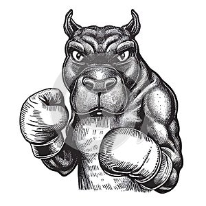 Sketch illustration of a dog with boxing gloves,standing confidently, on a white background,in front