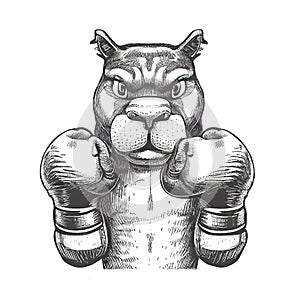 Sketch illustration of a dog with boxing gloves,standing confidently, on a white background,in front