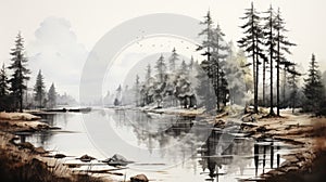 Monochrome Watercolor Painting: Pine Trees Along Water photo