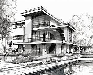 Sketch illustration of a modern style house that has a swimming pool in front of it using pencil medium.