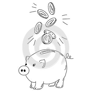 Sketch illustration of Piggy Bank with Falling Coins