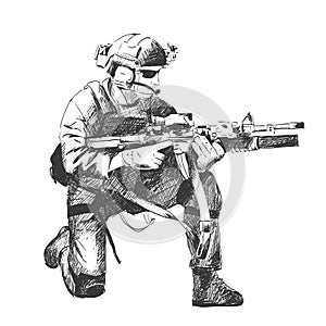 Sketch illustration of a soldier kneel down aiming a weapon