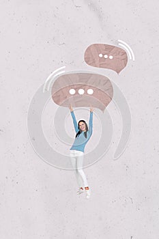 Sketch image artwork 3D collage of young attractive lady raise hands up hold huge text box sms cloud chat conversation