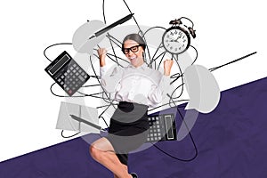 Sketch image artwork 3D photo collage of young excited manager lady show yes fist up office supplies behind clock