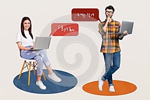 Sketch image composite artwork 3D collage of two people couple friends man lady hold in hand laptop have conversation