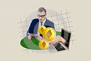 Sketch image composite artwork 3D photo collage of businessman hold in hand pad work while hand appear from laptop