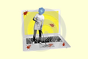 Sketch image composite artwork 3D photo collage of headless man istead protection sing remove bugs from huge laptop