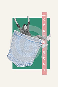 Sketch image composite artwork photo collage of young woman appear from huge jeans denim pocket sew hand made handicraft