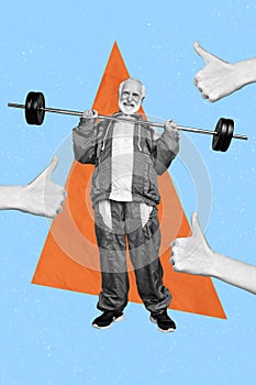 Sketch image composite collage of aged person man senior power strong healthy sportsman workout gym lift dumbbell thumb