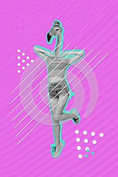 Sketch image composite trend artwork 3D photo collage of abstract headless lady flamingo bird head instead model pose