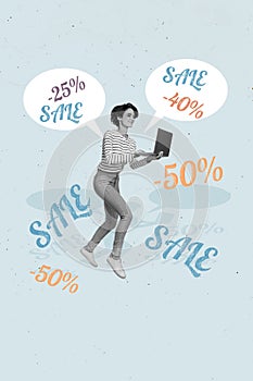 Sketch image composite trend artwork collage of young lady work laptop hold hand black friday sale percent buy final