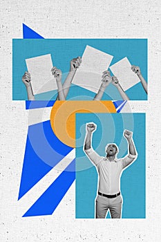 Sketch image composite trend artwork photo collage of bright color silhouette young man leader raise hand high hand hold