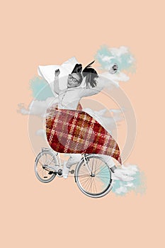 Sketch image composite trend artwork photo collage of tired lady sleep in bed pillow blanket ride bike see dream