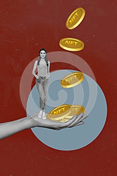 Sketch image trend artwork composite photo collage of young attractive lady stand on huge hand big gold nft coins fall