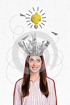 Sketch image trend artwork composite photo collage of young woman half head open hands arm appear reach out lamp idea