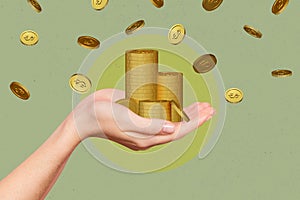 Sketch image trend artwork photo collage of silhouette huge hand arm hold pile stack coins fall down gold usd dollar