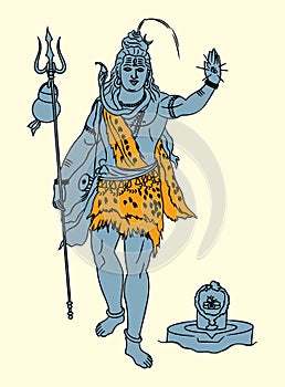 Sketch of Indian famous and powerful god Lord Shiva and his symbols outline, silhouette editable illustration