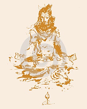 Sketch of Indian famous and powerful god Lord Shiva and his symbols outline, silhouette editable illustration