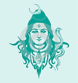 Sketch of Indian famous and powerful god Lord Shiva and his symbols outline, silhouette editable illustration