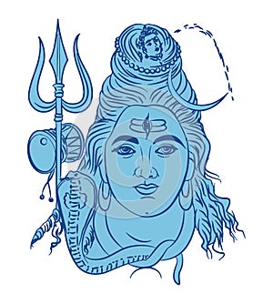 Sketch of Indian famous and powerful god Lord Shiva and his symbols outline, silhouette editable illustration
