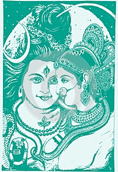 Sketch of Indian famous and powerful god Lord Shiva, Parvati and his symbols outline, silhouette editable illustration