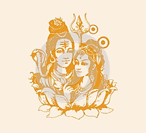 Sketch of Indian's famous and powerful god Lord Shiva andParvati  love with free space for text