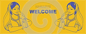 Sketch of Indian traditionally dressed two women welcoming by doing Namaste Banner Editable Illustration