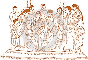 Sketch of Indian Wedding card or marriage rituals editable outline illustration and design elements