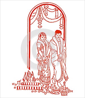 Sketch of Indian Wedding card or marriage rituals editable outline illustration and design elements