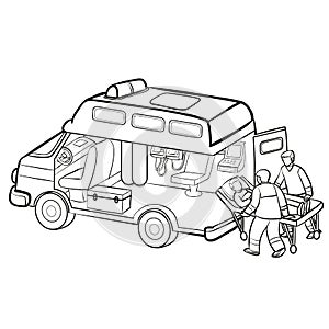 Sketch, the interior of an ambulance together with paramedics pick up a patient on a stretcher, coloring book, cartoon