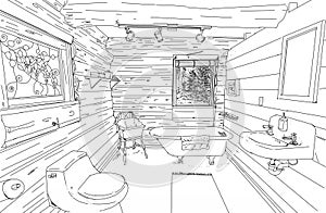Sketch of the interior of the bathroom, hand drawn illustration