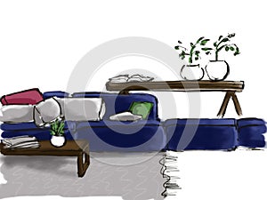 Sketch of the interior with a blue sofa