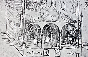 The sketch of interior of building. Manuscripts of Leonardo da Vinci. Code B Folio 39 recto in the vintage book Leonardo da Vinci