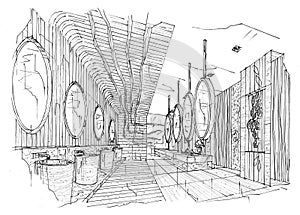 Sketch interior perspective toilet & bathroom, black and white interior design.