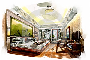 Sketch interior twin bedroom into a watercolor