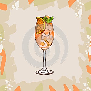 Aperol Spritz cocktail illustration. Alcoholic classic bar drink hand drawn vector. Pop art
