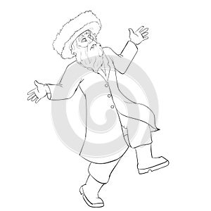 Sketch, a Jew in a Hasidic hat dances cheerfully and rejoices, coloring book, isolated object on a white background, vector