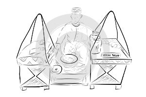 sketch kerak telur or telor maker and seller,indonesia traditional food, omelette dish made from coconut, sticky rice, chicken or