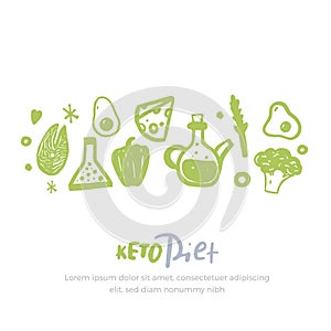 Sketch keto diet banner with lettering on white background. Healthy low carbs food. Ketogenic nutrition concept