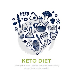 Sketch keto diet banner in shape of heart with lettering on white background. Healthy low carbs food. Ketogenic