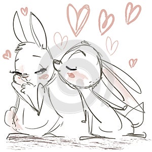 Sketch with kissing cute hares