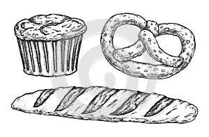 Sketch of kringle and baguette, cake with raisins