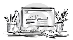 Desk Setup Laptop, Mouse, Book, Pencils, Plant Sketch Remote Work Study